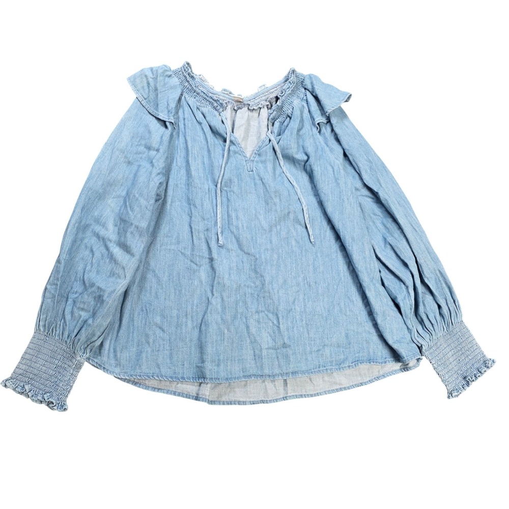Old‎ Navy Denim Chambray Smocked Ruffle Blouse Women's Size L Blue Boho Cotton